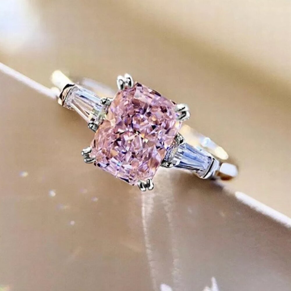 NEW 14k White Gold Pink Sapphire Diamond Ring Emerald Cut
